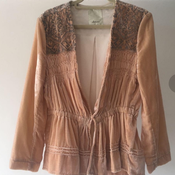 HOST PICK Anthropologie elevenses salmon pink velour embroidered blazer - Picture 1 of 8